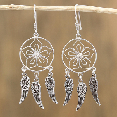 Sterling silver dangle earrings, 'Wings of Beauty' - Floral Sterling Silver Dangle Earrings from Mexico