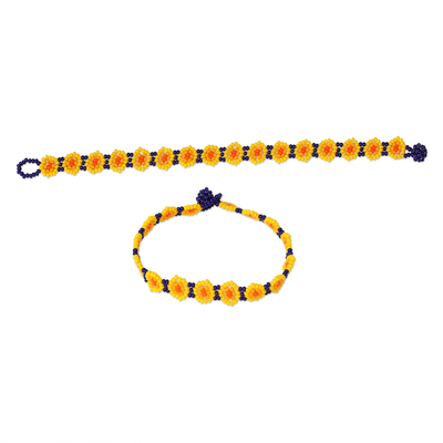 Glass wristband bracelets, 'Cheerful Greeting' (pair) - Floral Glass Beaded Wristband Bracelets (Pair)
