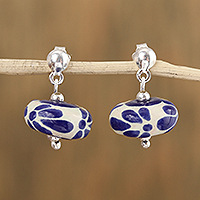 Ceramic dangle earrings, 'Fresh Rain' - Talavera-Style Ceramic Blue and White Dangle Earrings