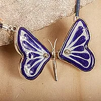 Ceramic pendant necklace, 'Blue Metamorphosis' - Blue Ceramic and Sterling Silver Butterfly Pendant Necklace