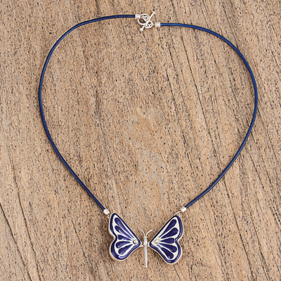 Ceramic pendant necklace, 'Blue Metamorphosis' - Blue Ceramic and Sterling Silver Butterfly Pendant Necklace