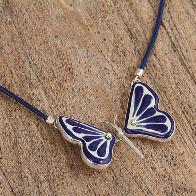 Collar colgante de cerámica - Collar con Colgante Mariposa de Cerámica Azul y Plata de Ley