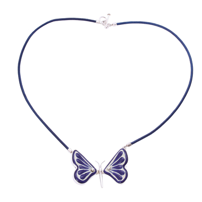 Halskette mit Keramikanhänger - Halskette mit Schmetterlingsanhänger aus blauer Keramik und Sterlingsilber