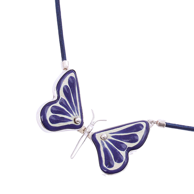 Ceramic pendant necklace, 'Blue Metamorphosis' - Blue Ceramic and Sterling Silver Butterfly Pendant Necklace