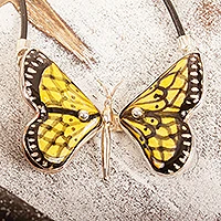 Ceramic pendant necklace, 'Gold Metamorphosis' - Yellow Ceramic Sterling Silver Butterfly Pendant Necklace