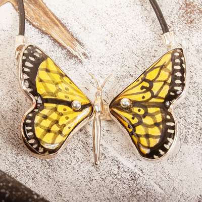 Ceramic pendant necklace, 'Gold Metamorphosis' - Yellow Ceramic Sterling Silver Butterfly Pendant Necklace