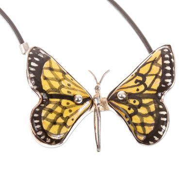 Ceramic pendant necklace, 'Gold Metamorphosis' - Yellow Ceramic Sterling Silver Butterfly Pendant Necklace