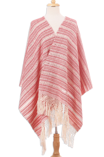 Cotton rebozo, 'Rosy Outlook' - Red and Ivory Multiple Motif Handwoven Cotton Rebozo