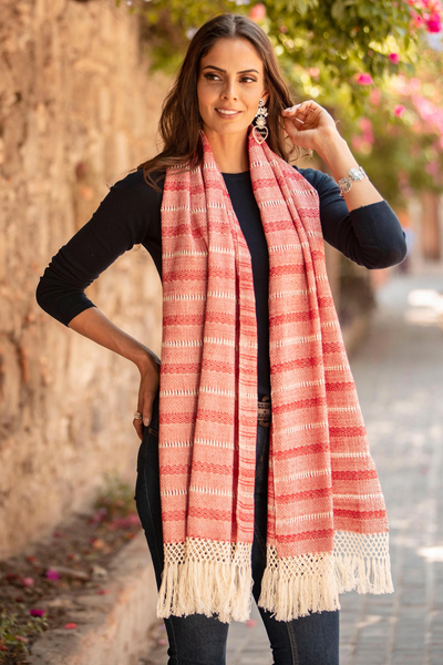 Cotton rebozo, 'Rosy Outlook' - Red and Ivory Multiple Motif Handwoven Cotton Rebozo