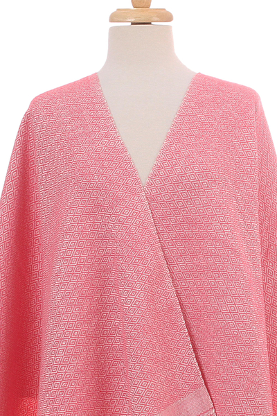 Cotton rebozo, 'Diamond Blush' - Ivory Diamond Motif on Rose Pink Handwoven Cotton Rebozo
