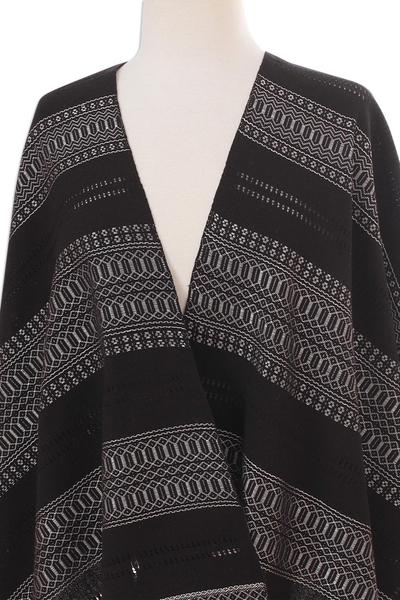 Cotton rebozo, 'Moonglow at Midnight' - Black and Silver Grey Multiple Motif Handwoven Cotton Rebozo