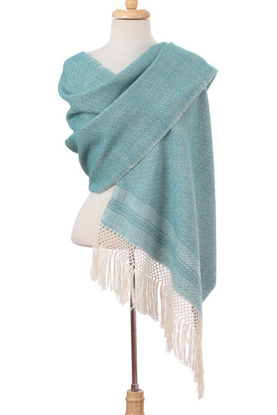 Cotton rebozo, 'Sea Sky' - Ivory Diamond Motif on Blue-Green Handwoven Cotton Rebozo
