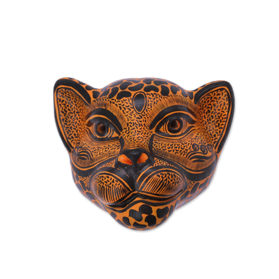 Ceramic mask, 'Watchful Jaguar' - Orange-Amber Ceramic Jaguar Decorative Mask Wall Art