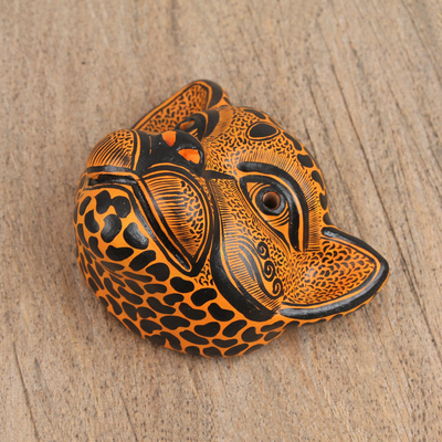 Ceramic mask, 'Watchful Jaguar' - Orange-Amber Ceramic Jaguar Decorative Mask Wall Art