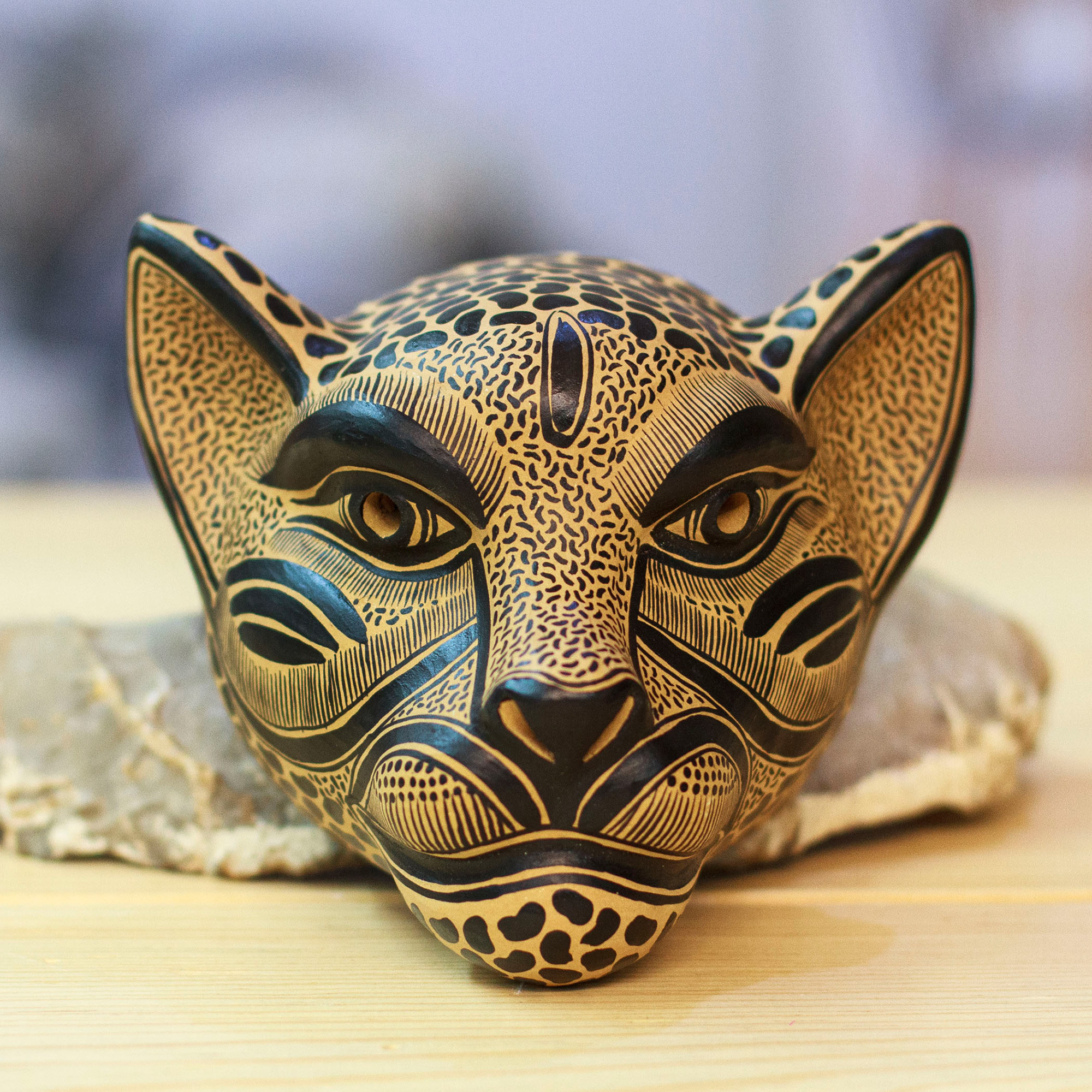 Beige and Black Ceramic Jaguar Decorative Mask Wall Art Observant Jaguar NOVICA