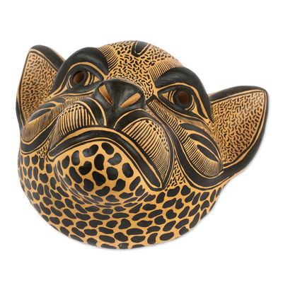Máscara de cerámica - Arte de pared de máscara decorativa de jaguar de cerámica beige y negra