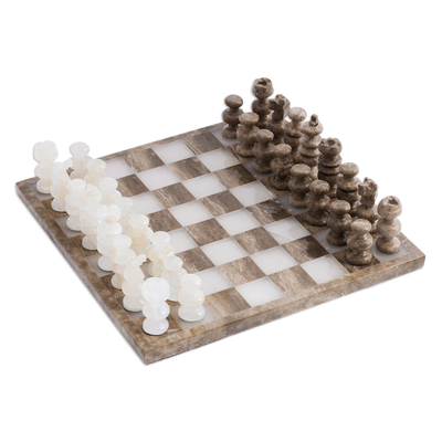 Onyx and marble chess set, 'Brown and Ivory' - Onyx and Marble Chess Set Crafted in Mexico