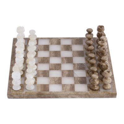 Onyx and marble chess set, 'Brown and Ivory' - Onyx and Marble Chess Set Crafted in Mexico