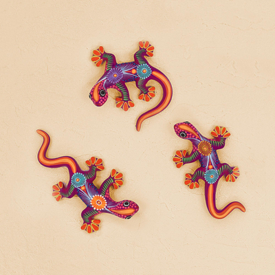 Ceramic wall art, 'Salamanders' (set of 3) - Colorful Floral Motif Ceramic Salamander Wall Art (Set of 3)