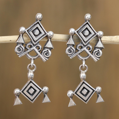 Sterling silver dangle earrings, 'Godly Eye' - Ojo de Dios Sterling Silver Dangle Earrings from Mexico