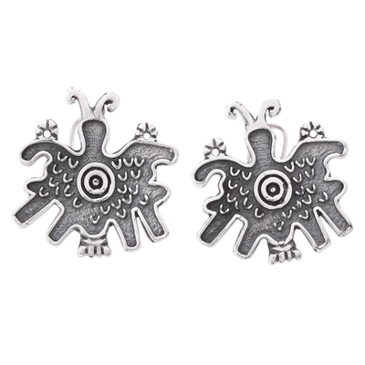 Sterling silver button earrings, 'Pre-Hispanic Butterflies' - Pre-Hispanic Butterfly Sterling Silver Button Earrings