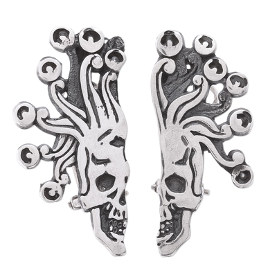 Sterling Silver Aztec God of Death Drop Earrings