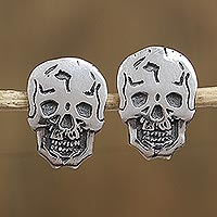 Sterling silver button earrings, 'Happy Skulls' - Sterling Silver Skull Button Earrings Crafted in Mexico