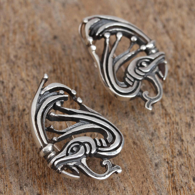 Sterling silver button earrings, 'Kukulkan' - Sterling Silver Kukulkan Button Earrings from Mexico