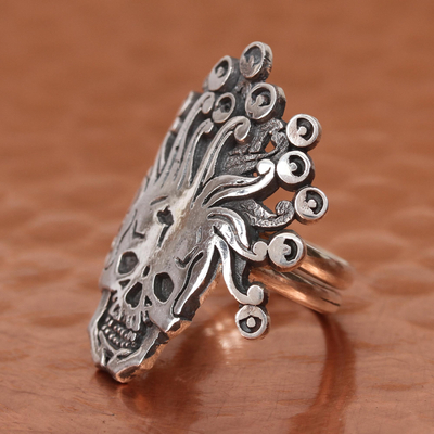 Sterling silver wrap ring, 'Miquiztli' - Aztec God of Death Sterling Silver Wrap Ring from Mexico