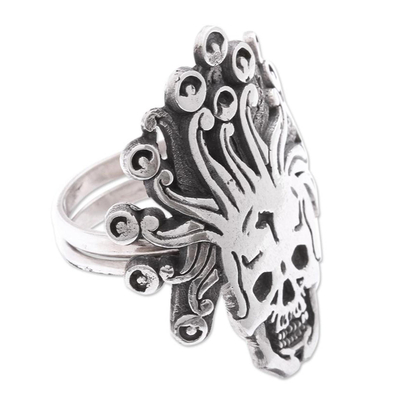 Sterling silver wrap ring, 'Miquiztli' - Aztec God of Death Sterling Silver Wrap Ring from Mexico
