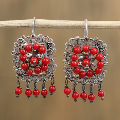 Sterling silver dangle earrings, 'Framed Roses' - Red Bead and Sterling Silver Scrollwork Dangle Earrings