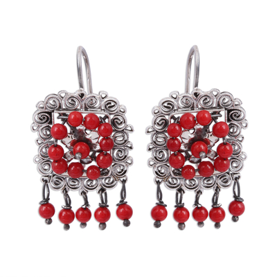 Red Bead and Sterling Silver Scrollwork Dangle Earrings