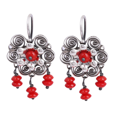 Red Bead and Sterling Silver Flower Chandelier Earrings