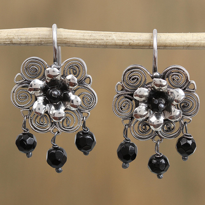 Black Bead And Sterling Silver Filigree, African Bead Chandelier Earrings