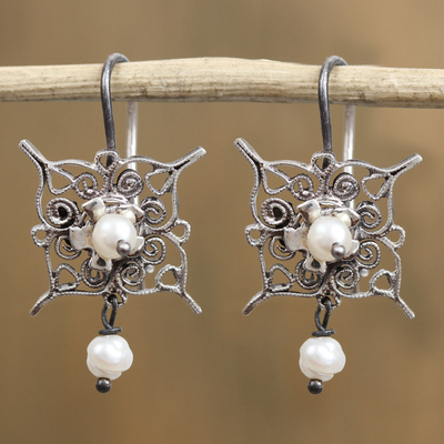 Cultured pearl filigree dangle earrings, 'Petal Points' - Cultured Pearl and Sterling Silver Filigree Dangle Earrings