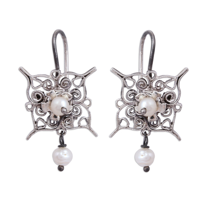 Cultured Pearl and Sterling Silver Filigree Dangle Earrings