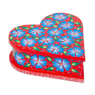 Wood decorative box, 'Heartfelt Flowers' - Heart-Shaped Floral Wood Decorative Box from Mexico