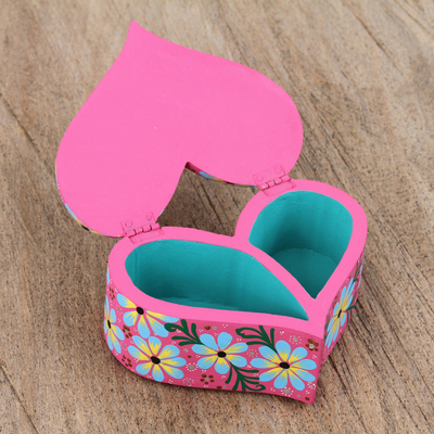 Wood decorative box, 'Heart Compartments' - Hand-Painted Floral Heart Shaped Box from Mexico