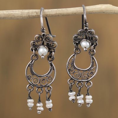 Crescent Shaped Cultured Pearl Filigree Dangle Earrings Colonial Crescent Shaped Cultured Pearl Filigree