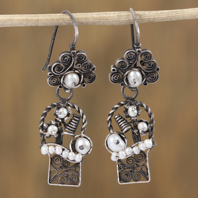 Cultured pearl filigree dangle earrings, Basket of Buds