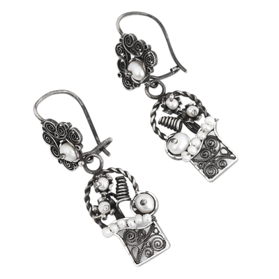 Cultured pearl filigree dangle earrings, 'Basket of Buds' - Floral Cultured Pearl Filigree Dangle Earrings from Mexico