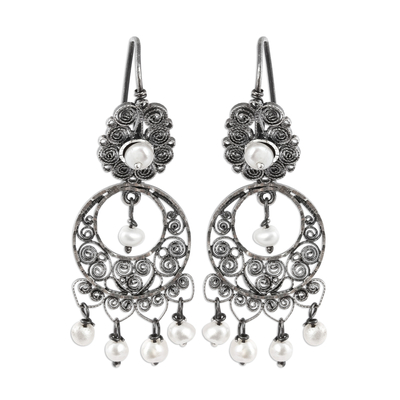 Crescent Cultured Pearl Filigree Dangle Earrings