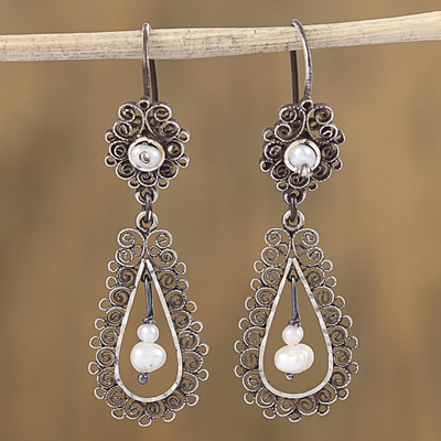 Cultured pearl filigree dangle earrings, 'Colonial Lamp' - Drop-Shaped Pearl Filigree Dangle Earrings from Mexico