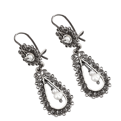 Cultured pearl filigree dangle earrings, 'Colonial Lamp' - Drop-Shaped Pearl Filigree Dangle Earrings from Mexico
