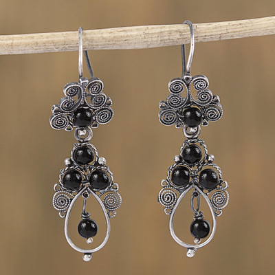 Silver Filigree Earrings With Black Gl Beads From Mexico Sterling Silver Filigree Dangle Earrings Antique Spirals In Black