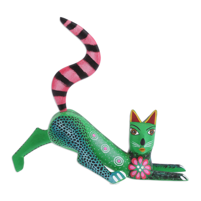 Wood alebrije sculpture, 'Stretching Cat in Green' - Wood Alebrije Cat Sculpture in Green from Mexico