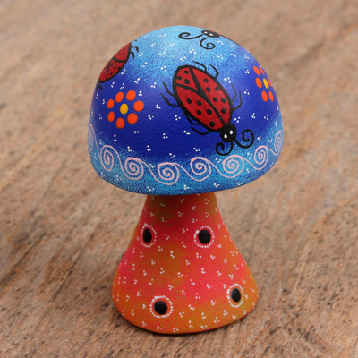 Wood alebrije figurine, 'Lady Bug Mushroom' - Hand Painted Wood Alebrije Mushroom Figurine from Mexico