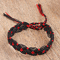 Cotton macrame wristband bracelet, 'Scarlet Braid' - Black and Red Braided Cotton Bracelet from Mexico