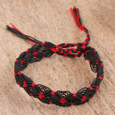 Cotton macrame wristband bracelet, 'Scarlet Braid' - Black and Red Braided Cotton Bracelet from Mexico