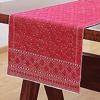 Cotton table runner, 'Chili Geometry' - Handwoven Cotton Table Runner in Chili from Mexico